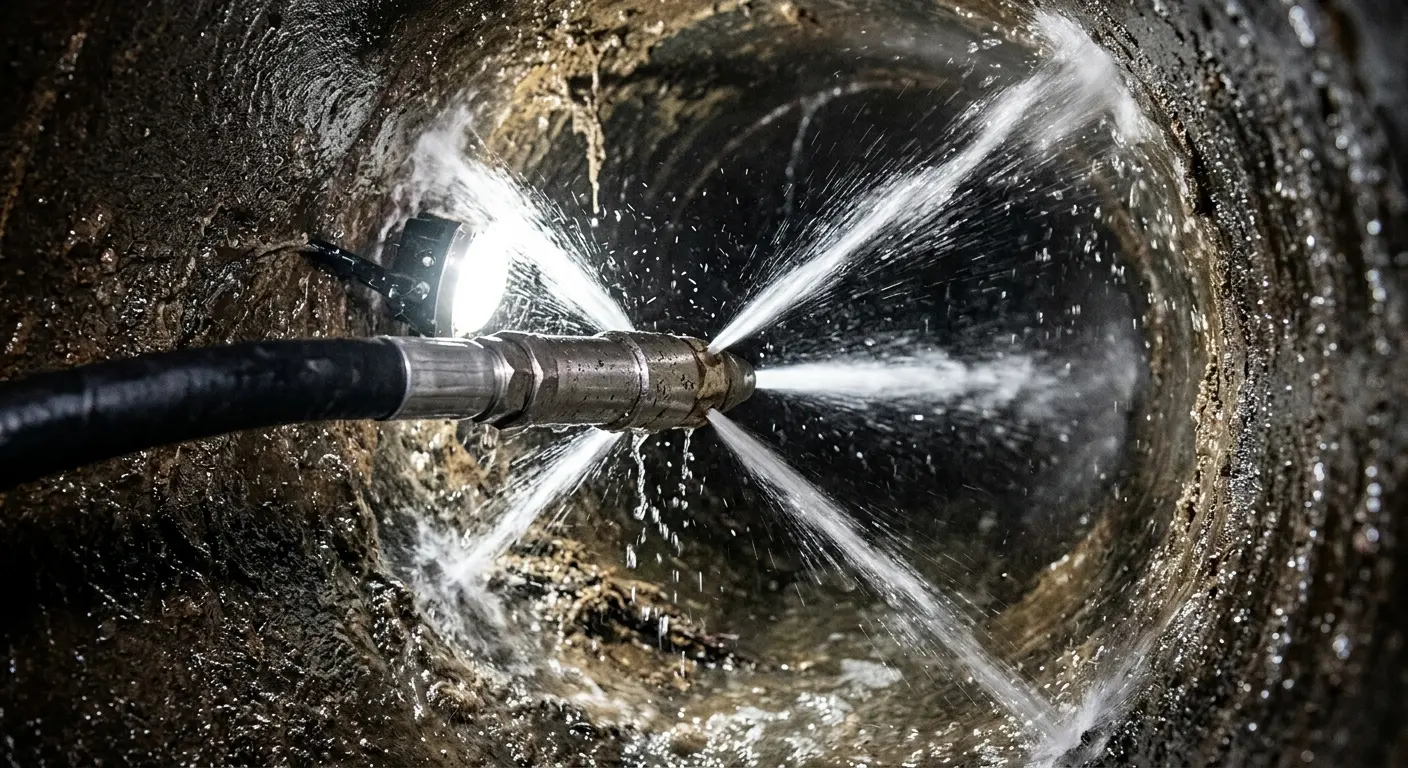 High-pressure hydro jetting nozzle cleaning sewer pipe for Sewer Cleanout in Belvedere