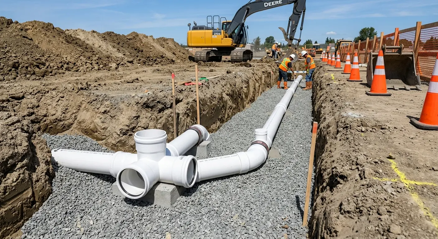 New PVC sewer pipe installation in open trench for Commercial Drain Cleaning in Belvedere