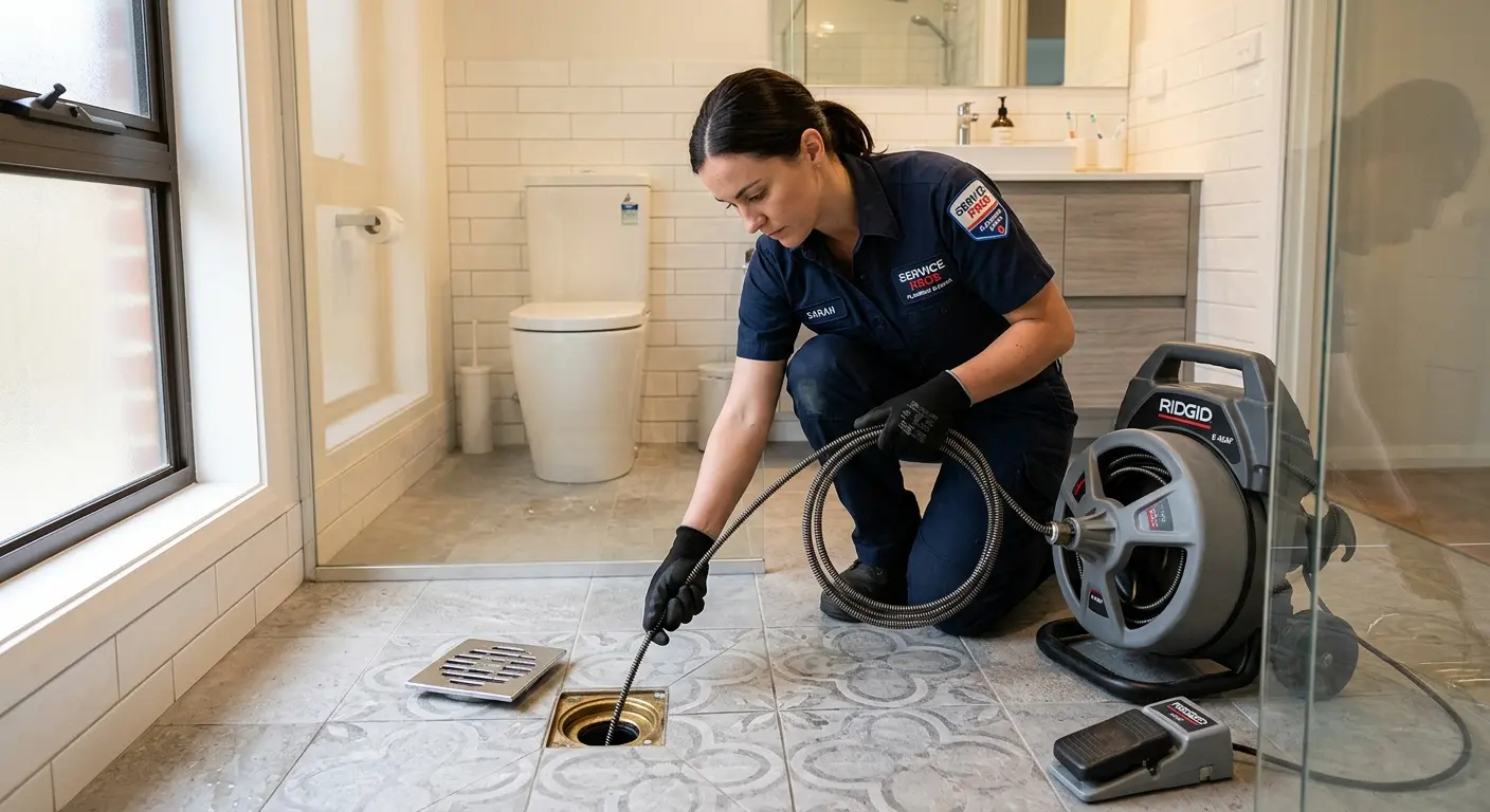 Technician clearing a bathroom floor drain for Drain Cleaning in Belvedere